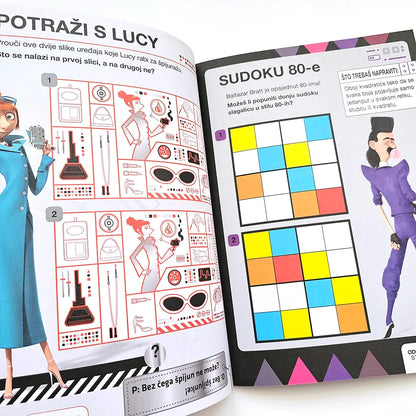 Kako Je GRU Postao Dobar: Kreativne Aktivnosti – Sastavi Jednoroga Open book with illustrations and Sudoku puzzle, featuring a character and colorful grid layout.