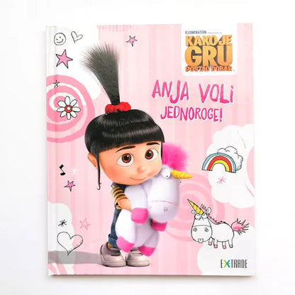 Kako je Gru Postao Dobar Anja Voli Jednoroge! Book cover with a cartoon character holding a unicorn, on a pink background with decorative elements.