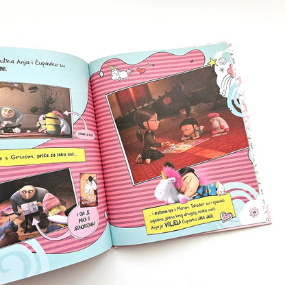 Kako je Gru Postao Dobar Anja Voli Jednoroge! Open book with animated characters and colorful illustrations on a white background