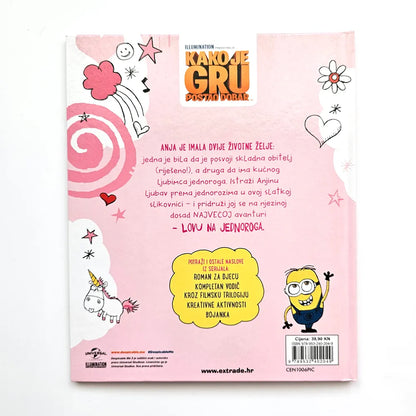 Kako je Gru Postao Dobar Anja Voli Jednoroge! Book cover with cartoon character on a pink background