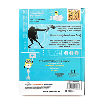 Kako je Gru Postao Dobar – Kompletni Vodič Kroz Filmsku Trilogiju Back cover of a book with cartoon characters and text on a blue background