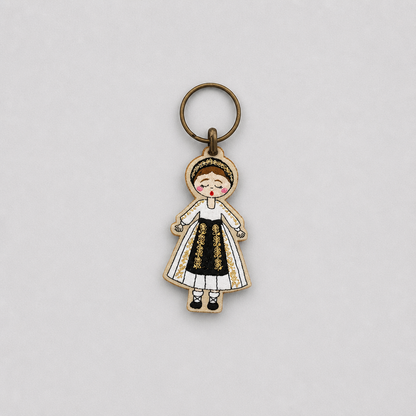 Keyring Ethno Croatia - Levanjska Varoš (Osijek-Baranja) Keychain with a character in traditional attire on a light gray background