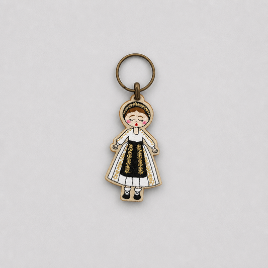 Keyring Ethno Croatia - Levanjska Varoš (Osijek-Baranja) Keychain with a character in traditional attire on a light gray background