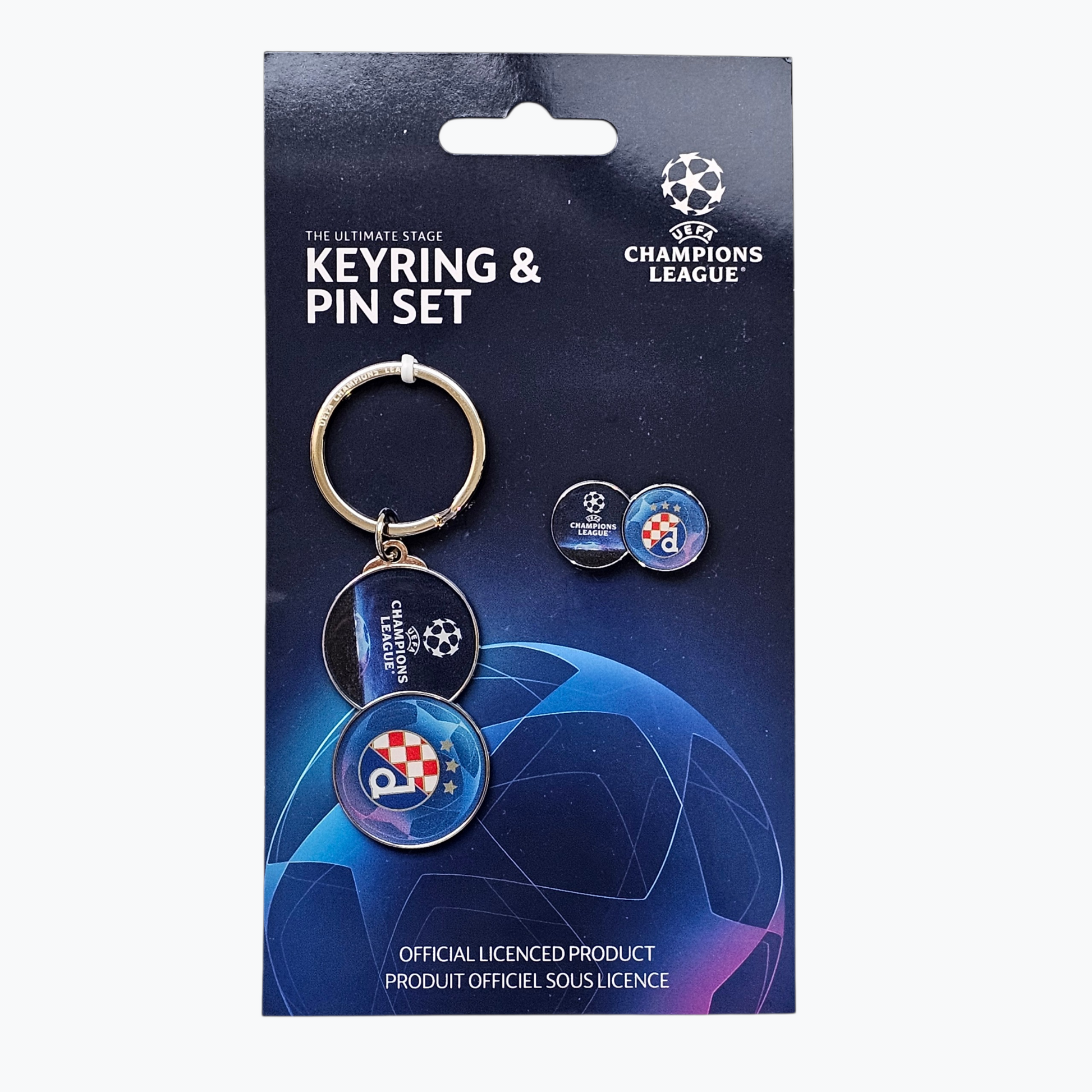Keyring & Pin Set Dinamo Keyring and pin set packaging with UEFA Champions League logo