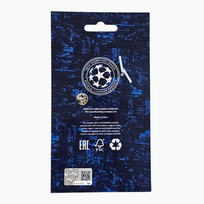 Pin badge on a UEFA Champions League branded card with blue pattern