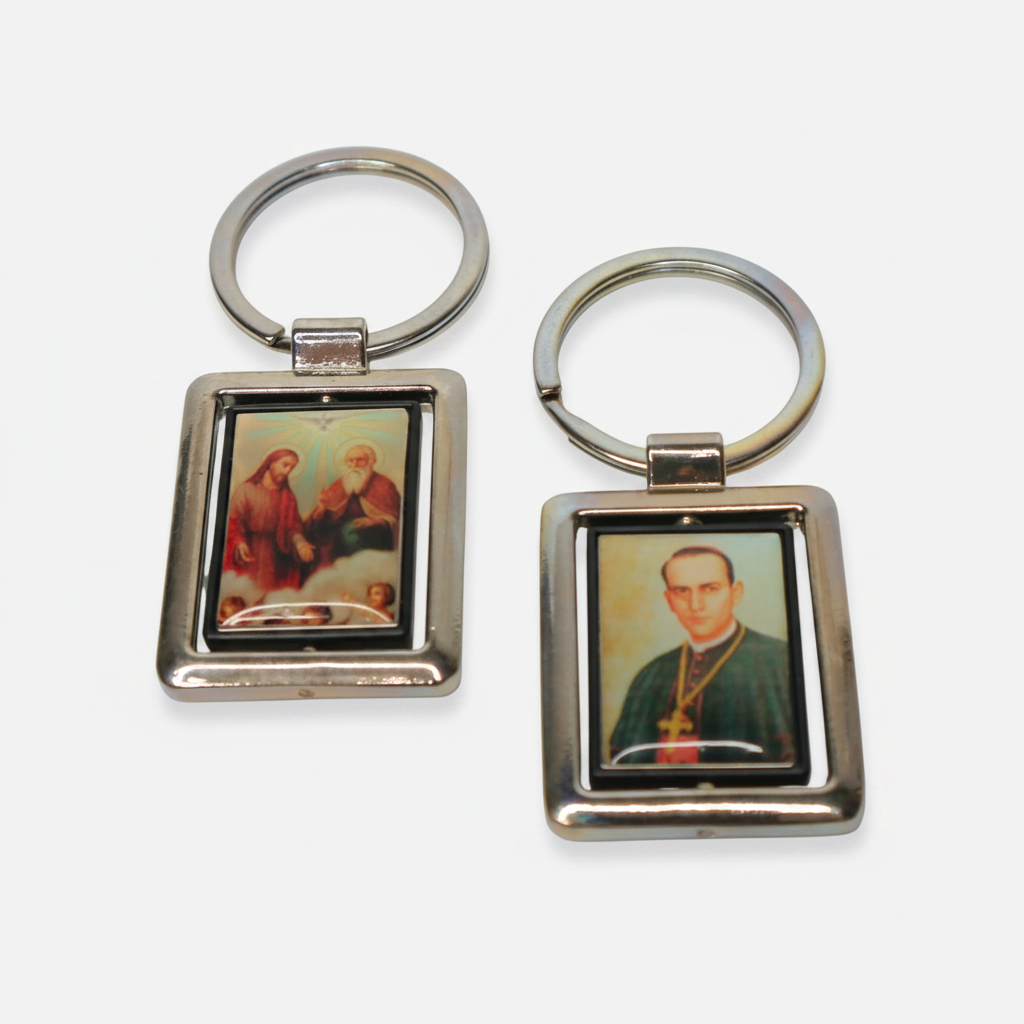 Keyring Saint Anthony Mary Claret & Holy Family Double-Sided Two square metal keychains with portraits on a white background