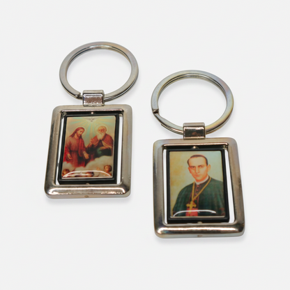 Keyring Saint Anthony Mary Claret & Holy Family Double-Sided Two square metal keychains with portraits on a white background