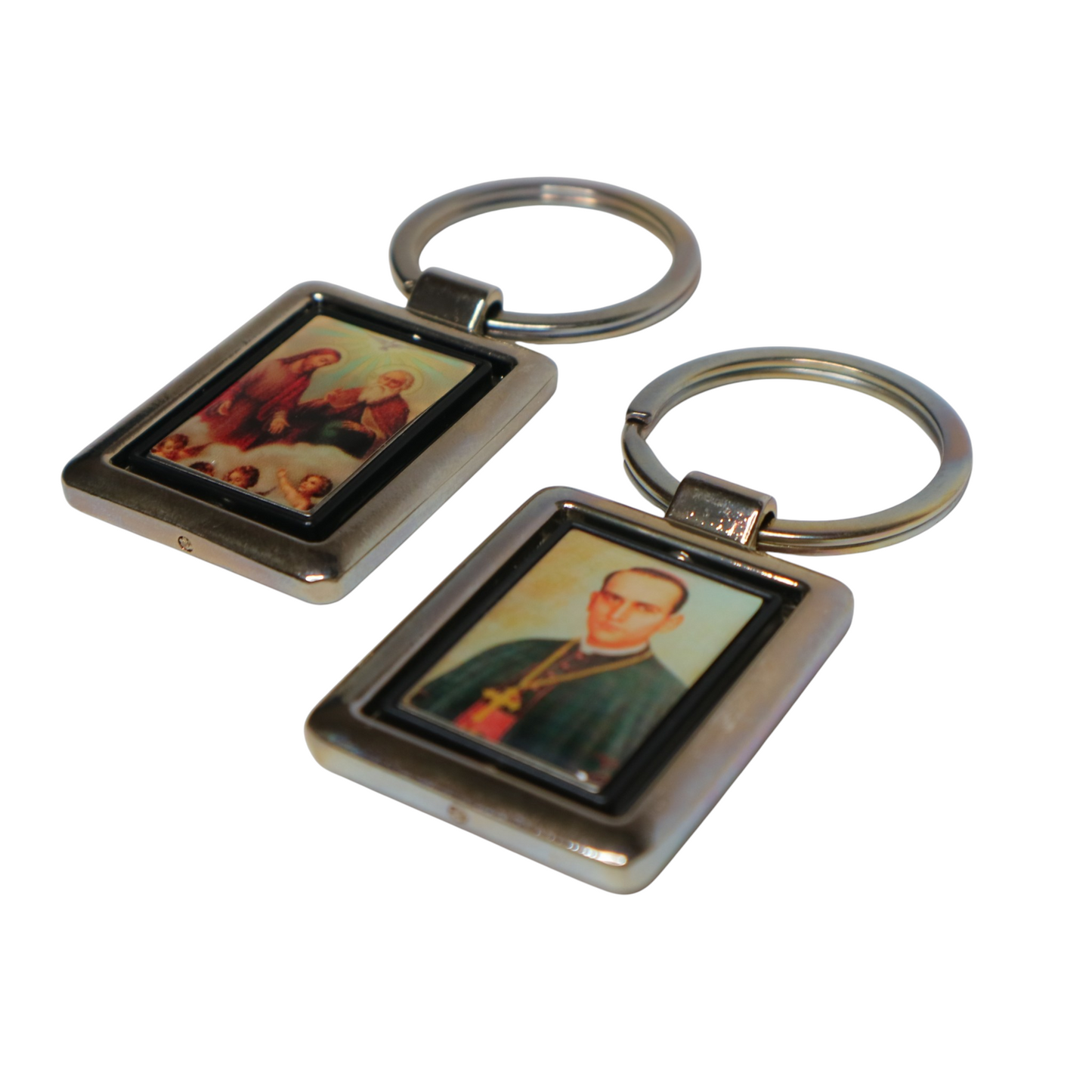 Keyring Saint Anthony Mary Claret & Holy Family Double-Sided Two rectangular keychains with portraits on a white background