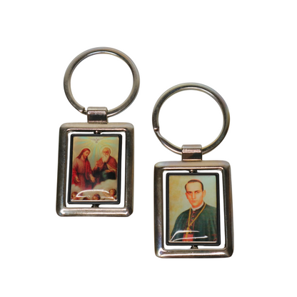 Keyring Saint Anthony Mary Claret & Holy Family Double-Sided Two rectangular keychains with religious images on a white background
