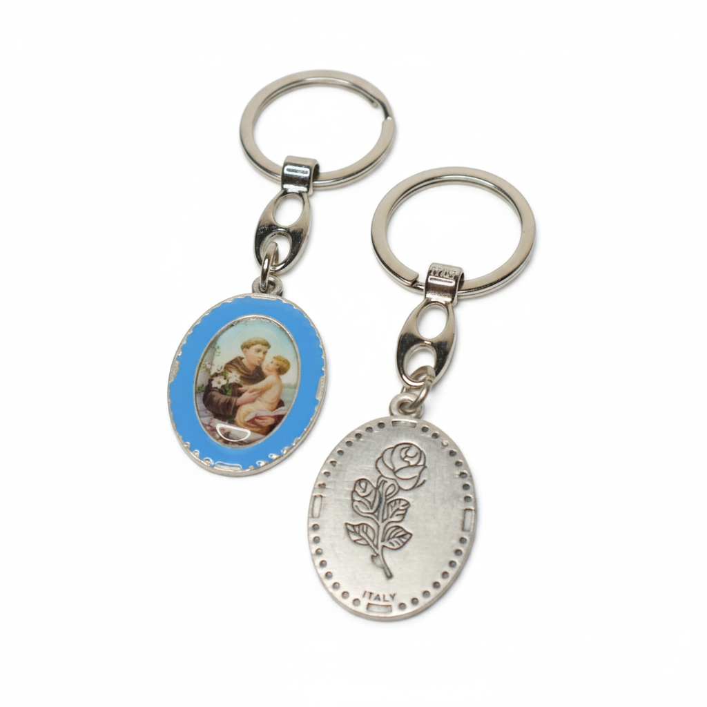 Keyring Saint Anthony of Padua – Double-Sided Religious Medal (Blue Enamel) Two keychains with different designs on a white background