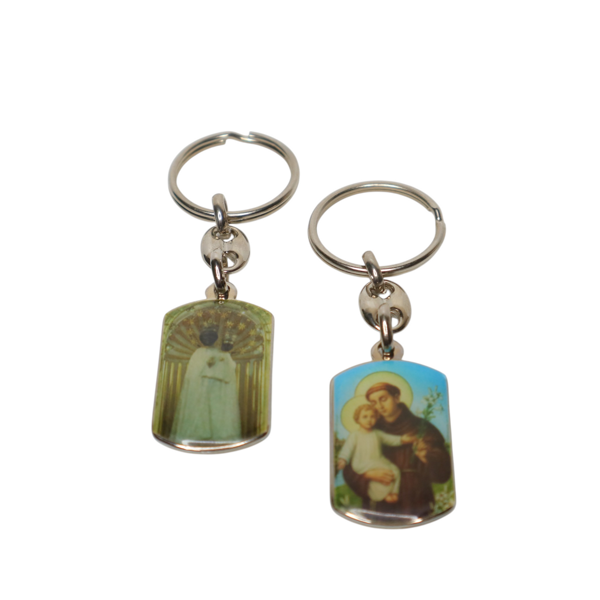 Keyring Saint Anthony of Padua & Virgin Mary Double-Sided Two keychains with religious-themed designs on a white background