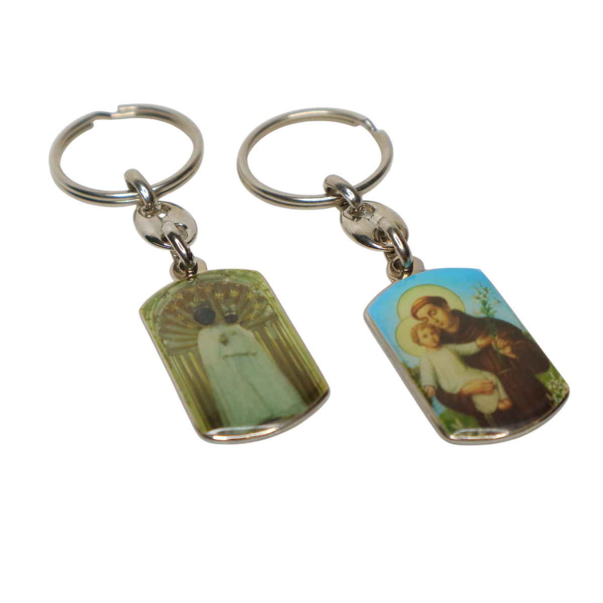 Keyring Saint Anthony of Padua & Virgin Mary Double-Sided Two keychains with religious-themed designs on a white background