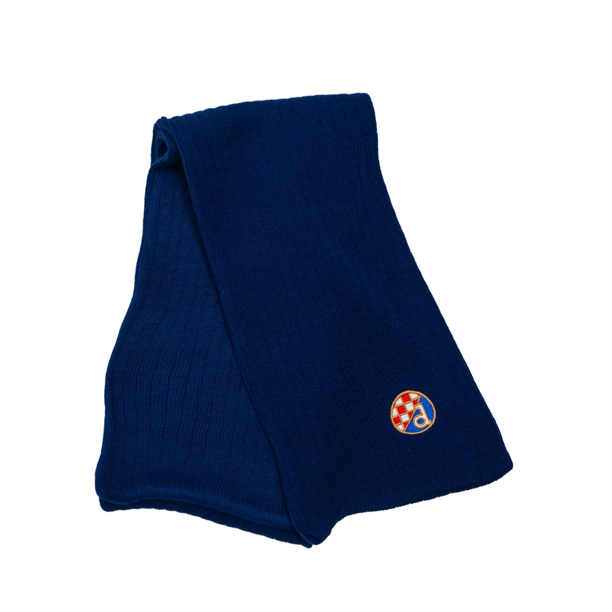 Kids Knitted Scarf and Beanie Dinamo Zagreb Folded blue towel with a circular logo on a white background
