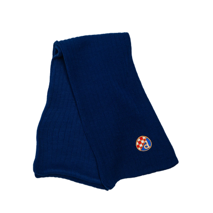 Kids Knitted Scarf and Beanie Dinamo Zagreb Folded blue towel with a circular logo on a white background