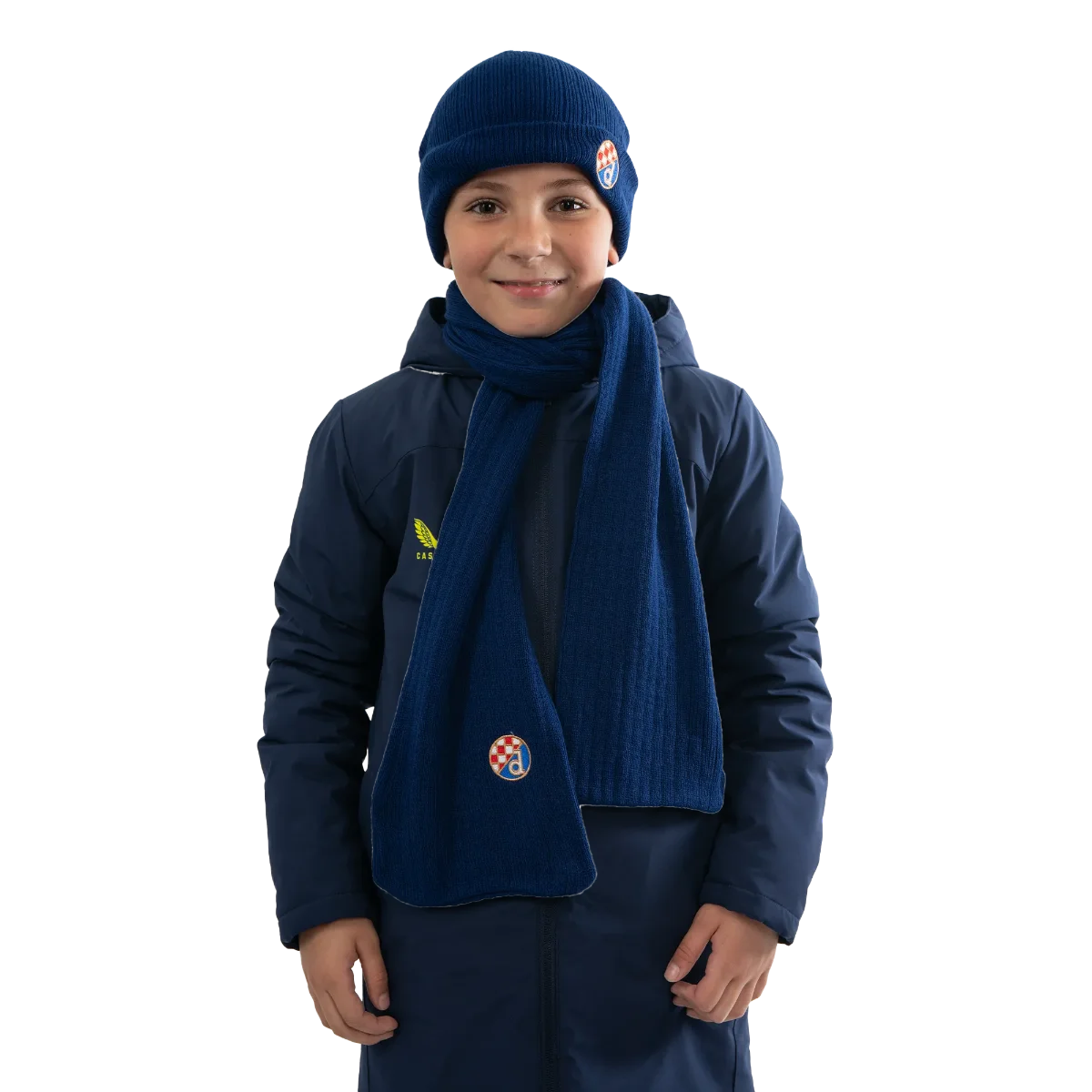 Kids Knitted Scarf and Beanie Dinamo Zagreb Child wearing a navy blue outfit with a matching hat and scarf on a white background
