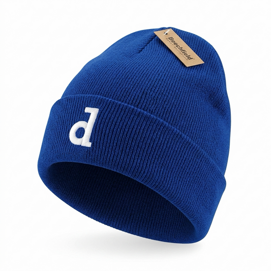 Kids Beanie Dinamo Zagreb d Blue beanie with a white logo and brand tag on a white background