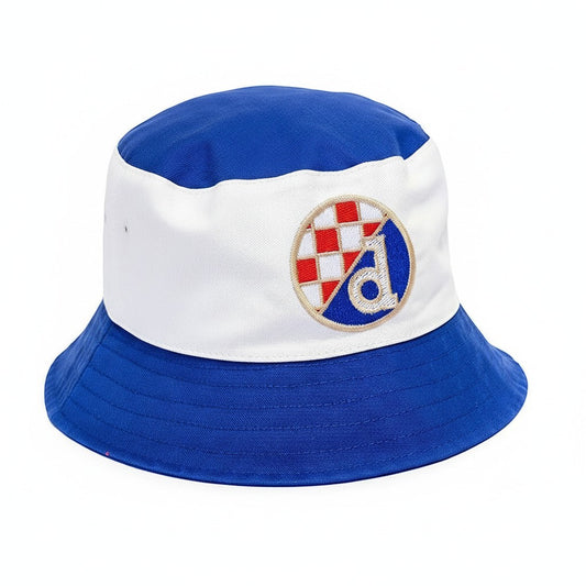 Kids Bucket Hat Dinamo Zagreb - Shop n Cro blue and white bucket hat with embroidered crest, red and white checkered pattern, and blue 'd' emblem.