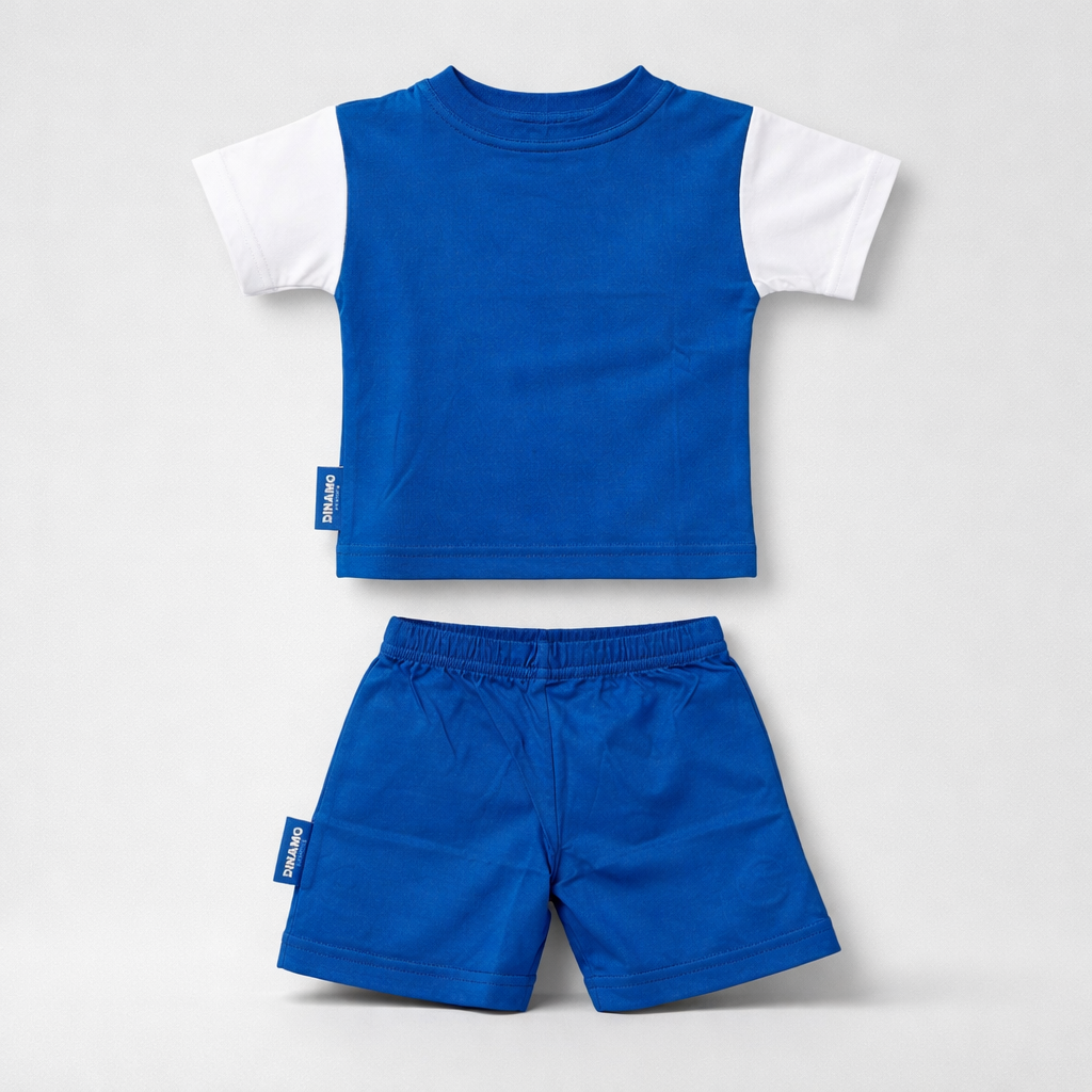 Kids Cotton Set Dinamo (Top + Bottom) Blue and white children's t-shirt and shorts set on a light gray background