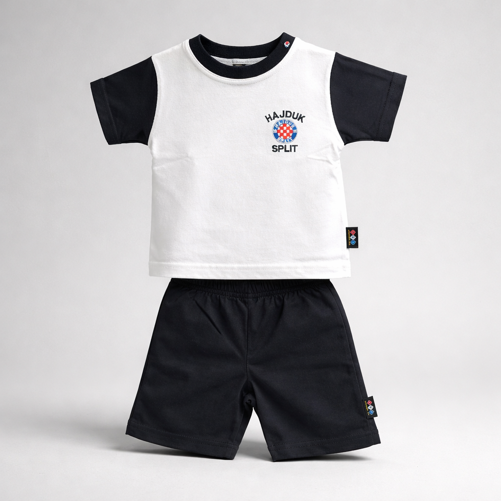 Kids Cotton Set Hajduk (Top + Bottom) Dark Bottoms Children's white and black sports outfit with Hajduk Split logo on a light gray background