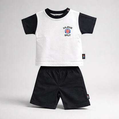 Kids Cotton Set Hajduk (Top + Bottom) Dark Bottoms Children's white and black sports outfit with Hajduk Split logo on a light gray background