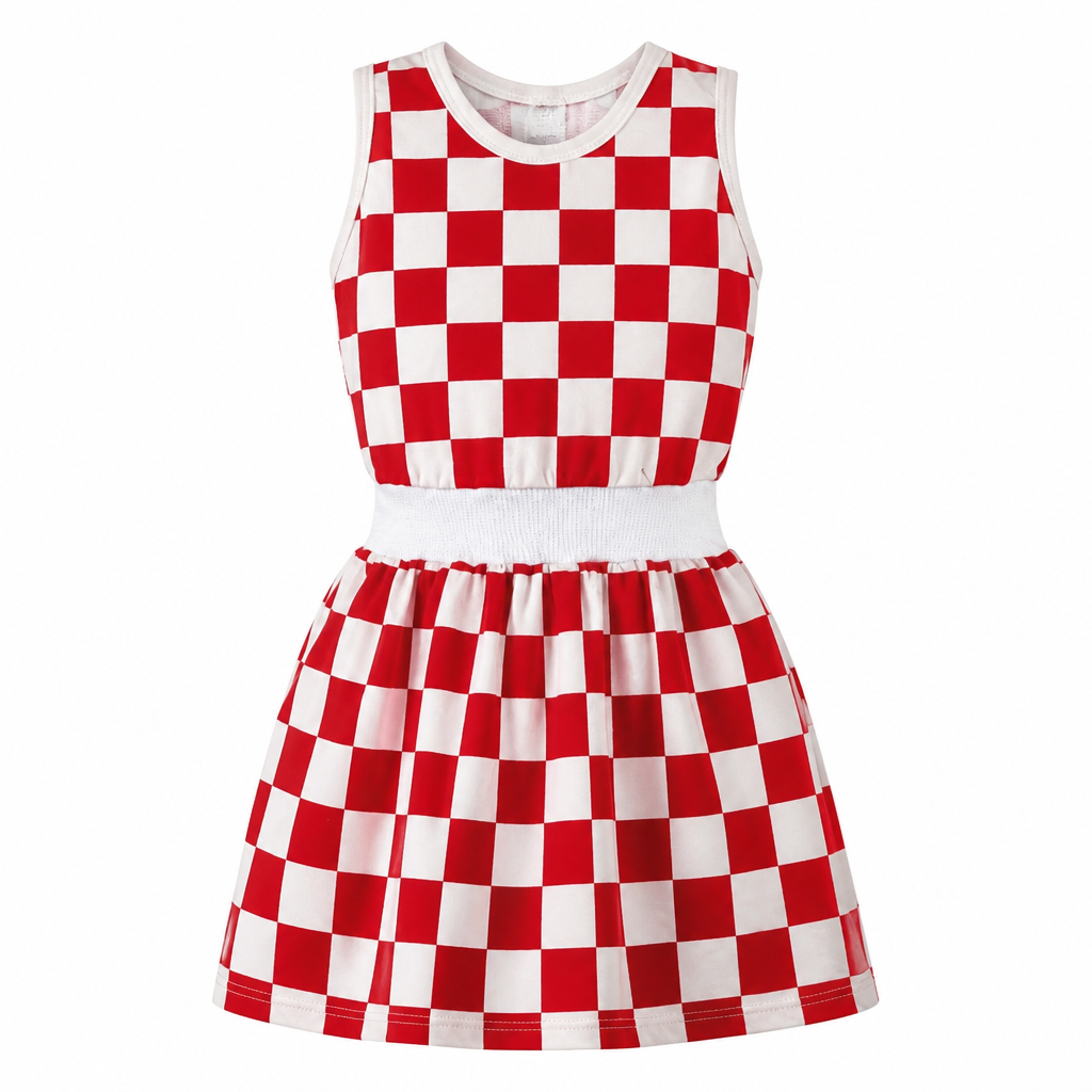 A sleeveless A-line dress with a red and white checkerboard pattern, featuring a white ribbed waistband and a white crew neck, shown against a plain white background. Kids Dress Croatia snc shopncro