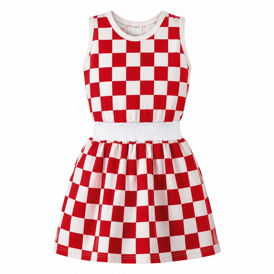 A sleeveless A-line dress with a red and white checkerboard pattern, featuring a white ribbed waistband and a white crew neck, shown against a plain white background. Kids Dress Croatia snc shopncro