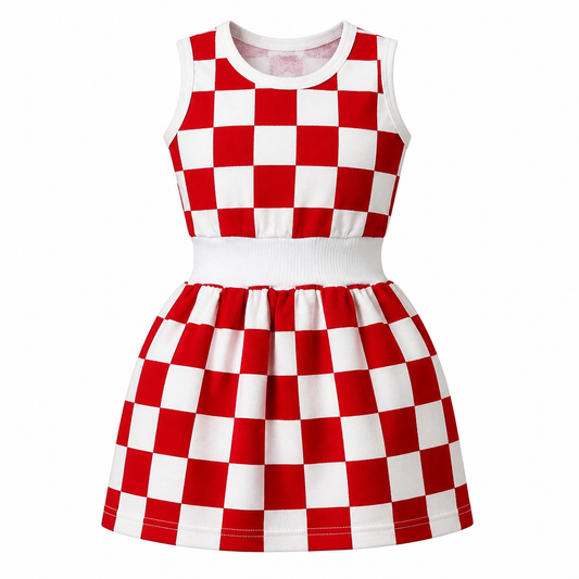 A sleeveless red and white checkered dress with a white ribbed waistband, shown against a plain white background. Kids Dress Croatia snc shopncro