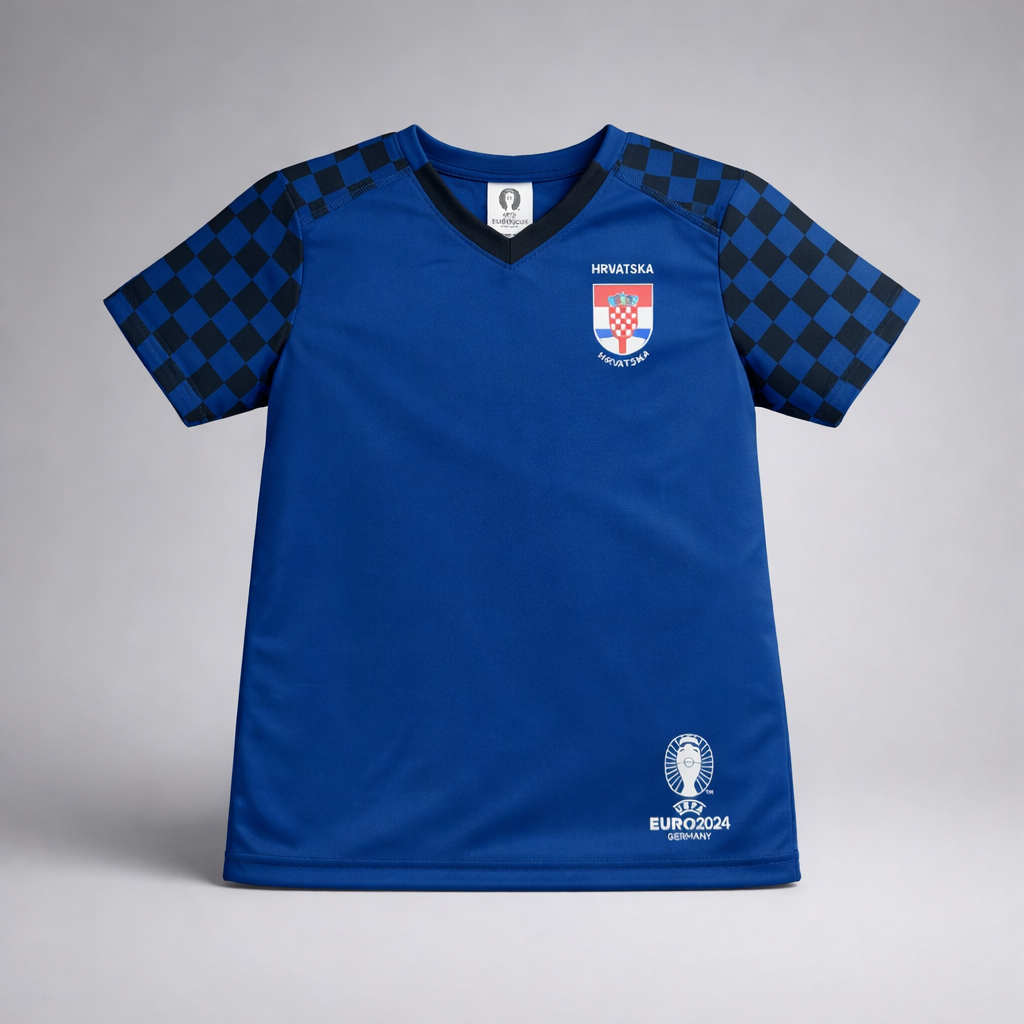 Kids Jersey Top Hrvatska Blue sports jersey with checkered sleeves on a gray background