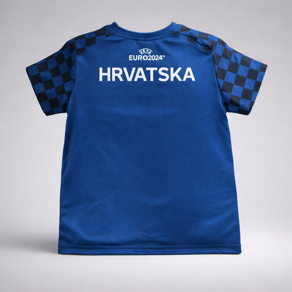 Kids Jersey Top Hrvatska Blue sports jersey with 'HRVATSKA' and 'UEFA EURO 2024' text on a gray background