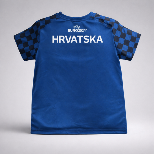 Kids Jersey Top Hrvatska Blue sports jersey with 'HRVATSKA' and 'UEFA EURO 2024' text on a gray background