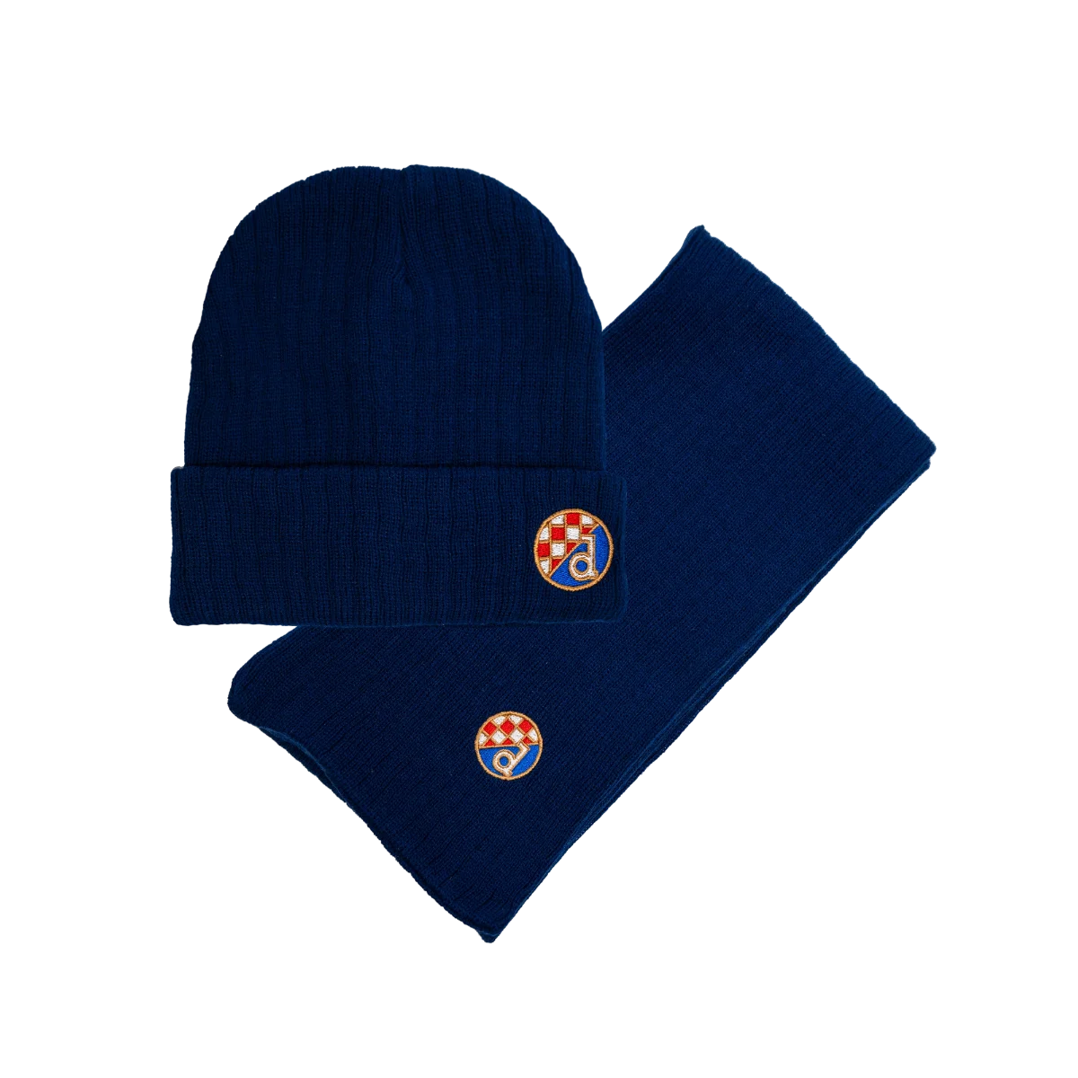 Kids Knitted Scarf and Beanie Dinamo Zagreb Navy blue beanie and scarf set with embroidered logos on a white background