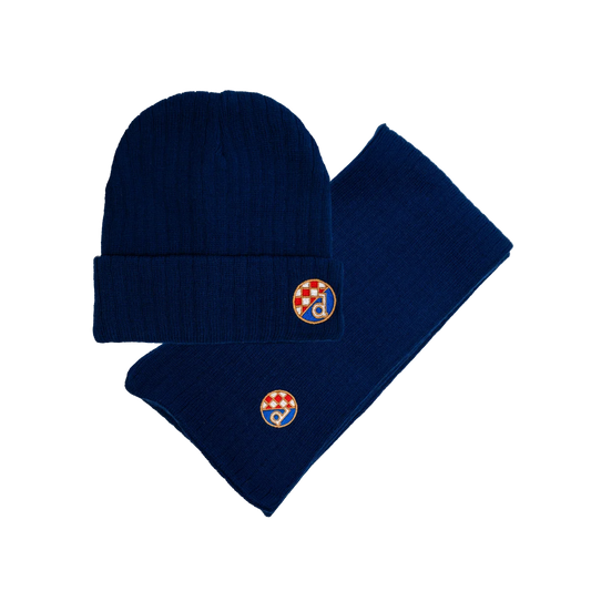 Kids Knitted Scarf and Beanie Dinamo Zagreb Navy blue beanie and scarf set with embroidered logos on a white background