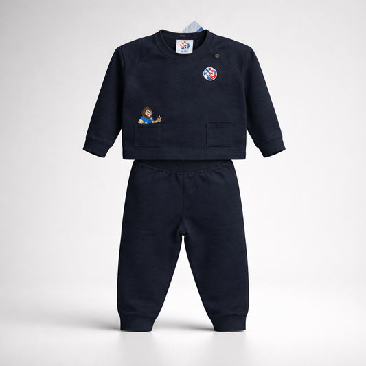 Kids Set Dinamo (Top + Bottom) Navy blue children's outfit with embroidered designs on a white background