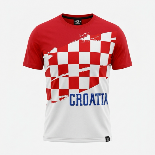 A red and white short-sleeve t-shirt with a red and white checkered graphic on the chest, blue 'CROATIA' text below, and an Umbro logo at the collar, shown on a light gray background. Kids T-Shirt Croatia by Umbro