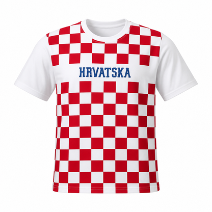 A short-sleeve crewneck t-shirt featuring a red and white checkered pattern, with the word 'HRVATSKA' printed in blue across the chest. The t-shirt is displayed on a clean white background. Kids T-Shirt HRVATSKA Checks