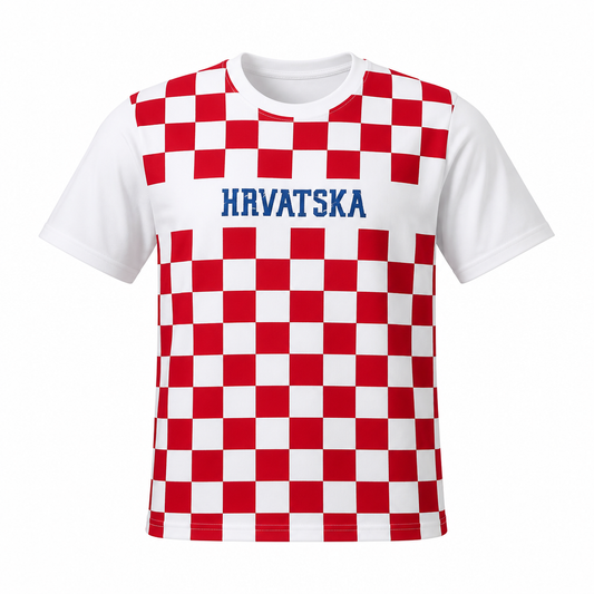 A short-sleeve crewneck t-shirt featuring a red and white checkered pattern, with the word 'HRVATSKA' printed in blue across the chest. The t-shirt is displayed on a clean white background. Kids T-Shirt HRVATSKA Checks