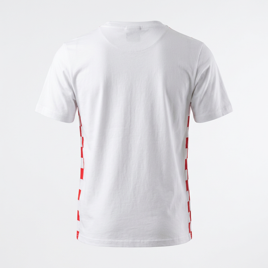 White short-sleeve crewneck t-shirt with red and white checkered side panels, shown from the back on a light gray background. Kids T-Shirt HRVATSKA Checks