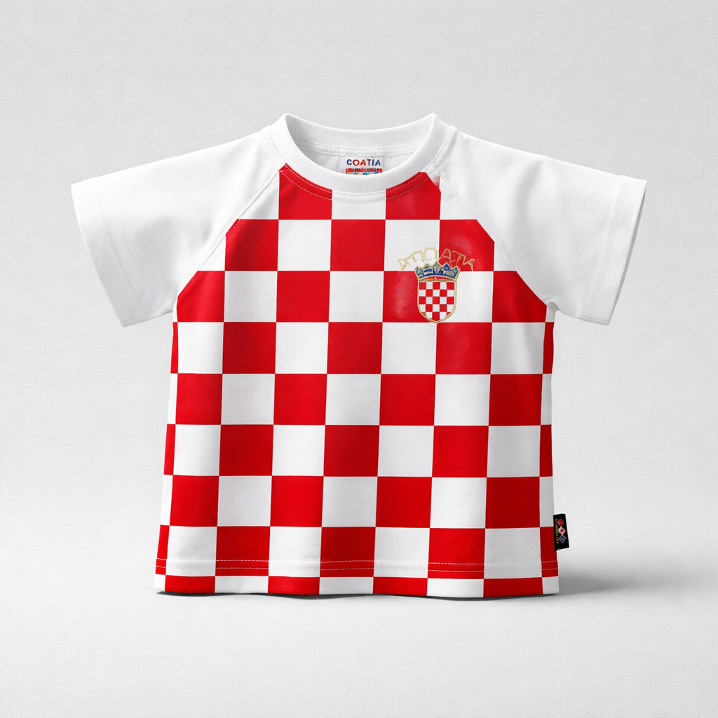 Kids T-shirt Croatia Red and white checkered shirt with a logo on a gray background