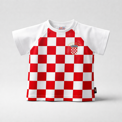 Kids T-shirt Croatia Red and white checkered shirt with a logo on a gray background
