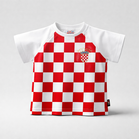 Kids T-shirt Croatia Red and white checkered shirt with a logo on a gray background