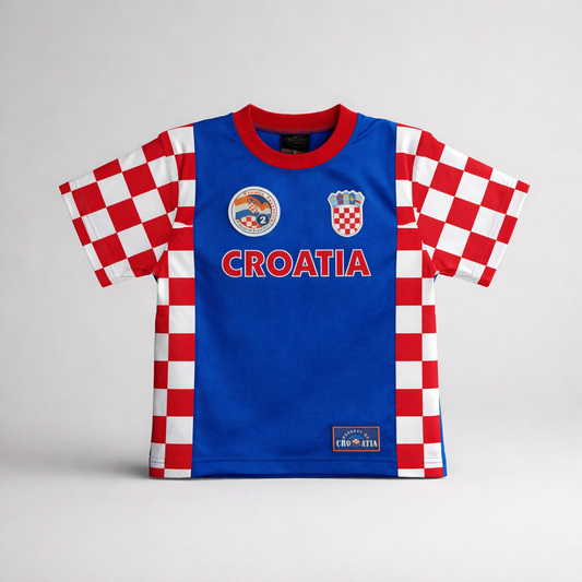 Kids T-shirt Croatia Check Sleeves Croatia jersey with red and white checkered sleeves on a gray background