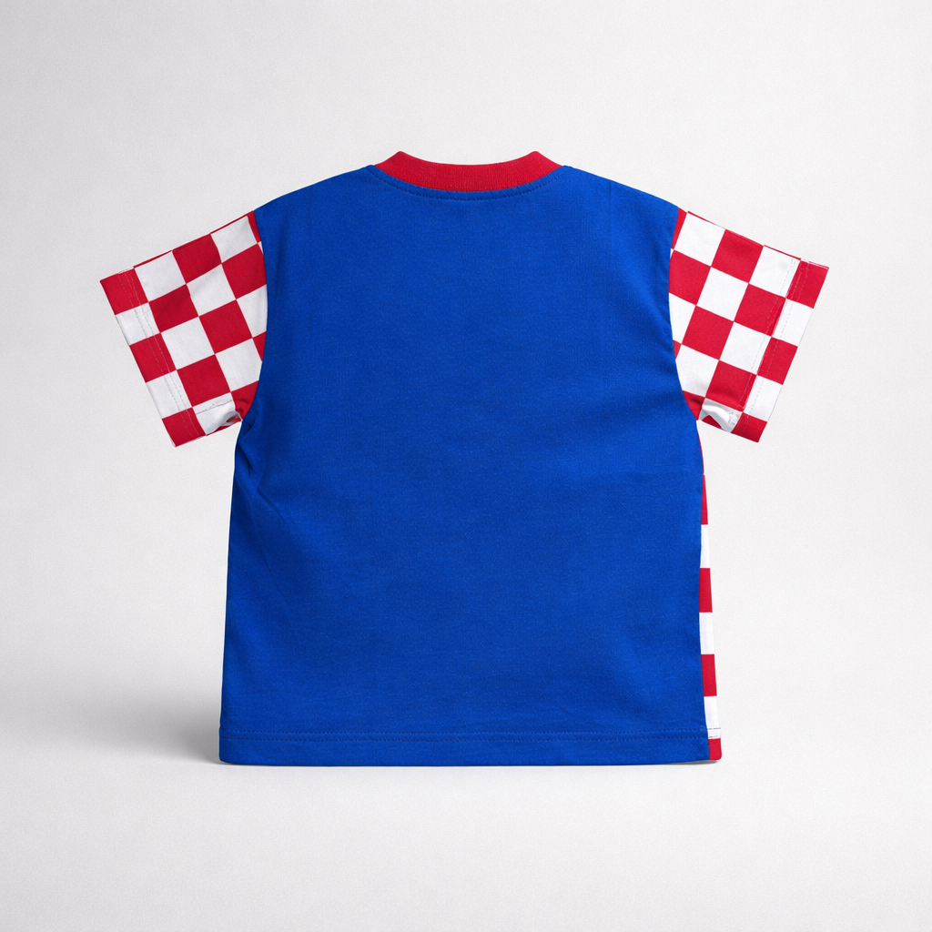 Kids T-shirt Croatia Check Sleeves Blue sleeveless shirt with red and white checkered sleeves on a light gray background