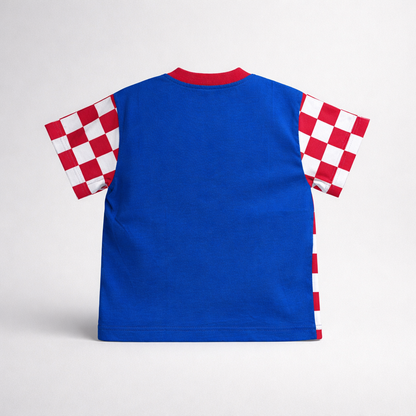 Kids T-shirt Croatia Check Sleeves Blue sleeveless shirt with red and white checkered sleeves on a light gray background