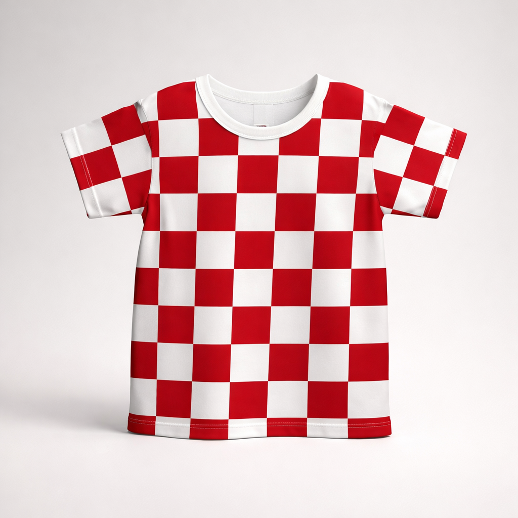 Kids T-shirt Croatia Checks Red and white checkered dress on a light gray background