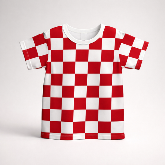 Kids T-shirt Croatia Checks Red and white checkered dress on a light gray background