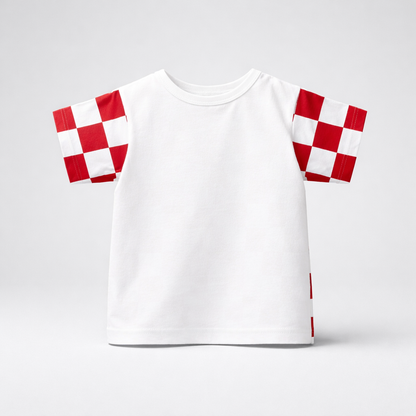 Kids T-shirt Croatia Checks White t-shirt with red and white checkered sleeves on a light gray background