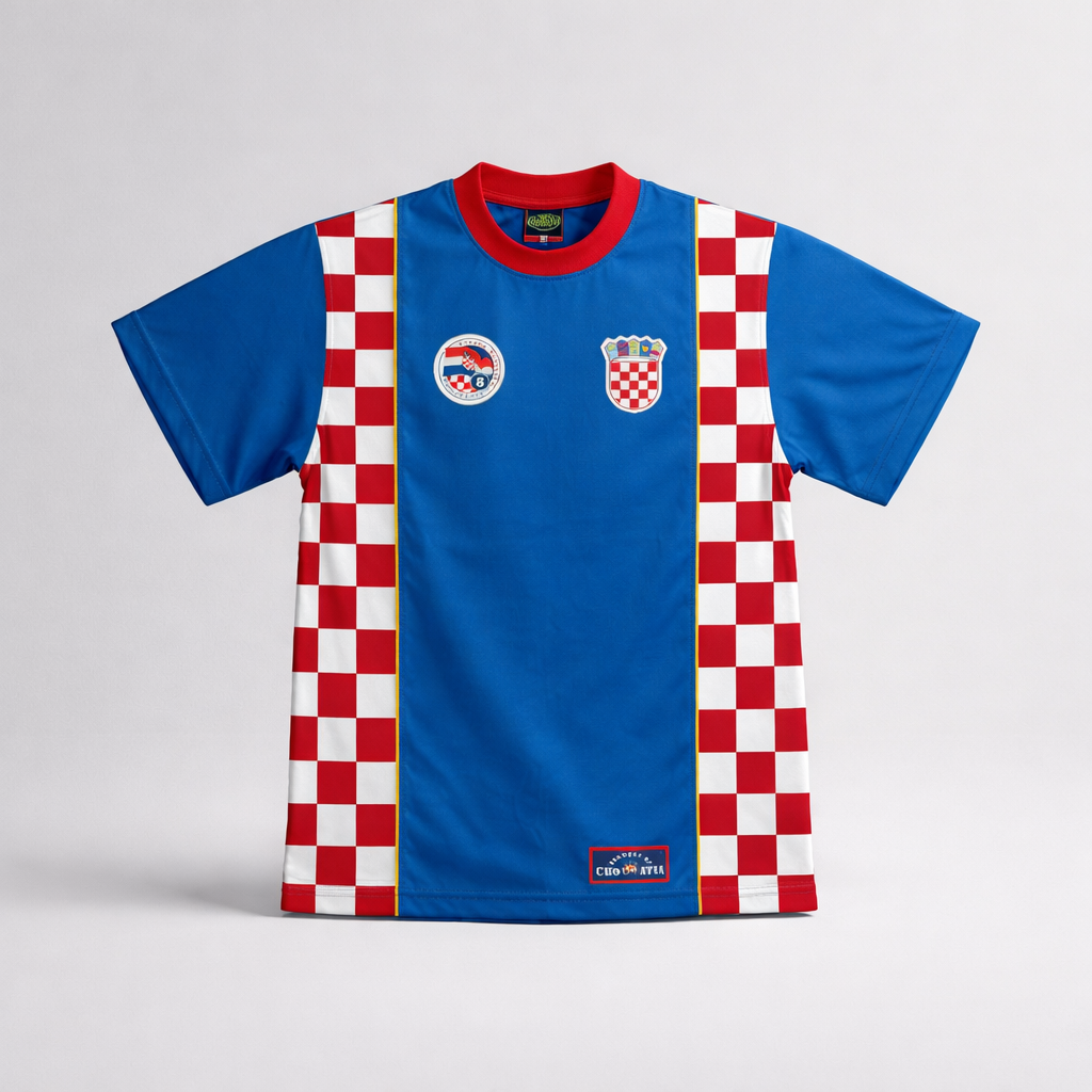 Kids T-shirt Croatia in Blue Blue and red checkered sports jersey on a light gray background