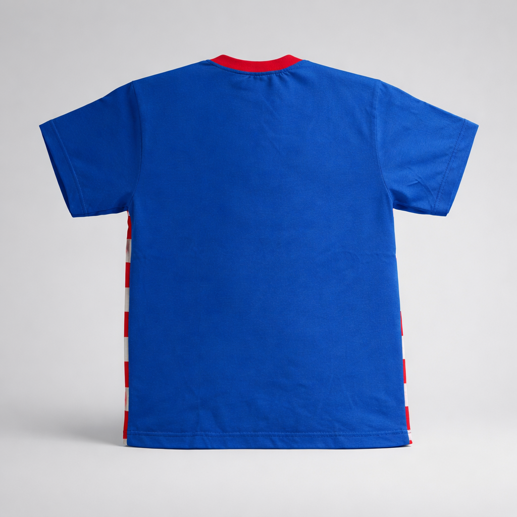 Kids T-shirt Croatia in Blue Blue t-shirt with red accents on a gray background