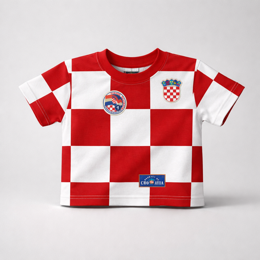 Kids T-shirt Croatian Red and white checkered shirt with Croatian emblem on a light gray background