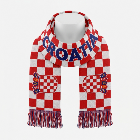 Red and white checkered scarf with 'CROATIA' text on a mannequin against a white background
